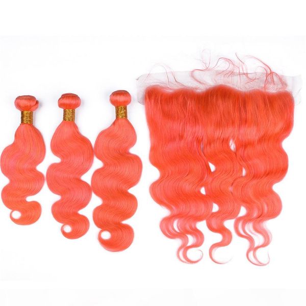 

virgin brazilian orange human hair weave bundles with frontals body wave wavy pure orange human hair wefts with lace frontal closure 13x4, Black