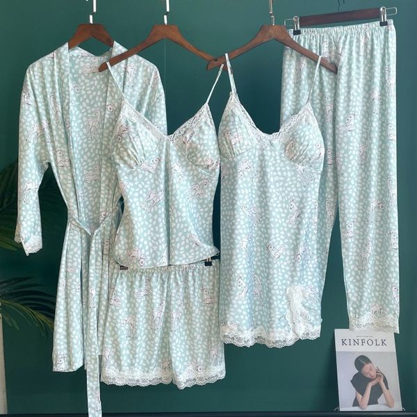

5PCS Women Pajamas Suit Sexy Sleepwear Satin Pyjamas Intimate Lingerie Lace Casual Spring New Sleep Set Nightwear Homewear, Green 2pcs