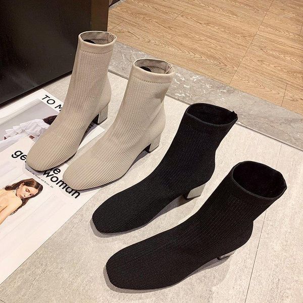 

boots elastic women's 2021 autumn and winter high heel square head knitted socks boots1, Black