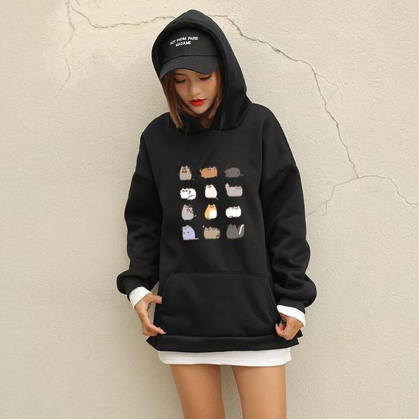 

women long sleeve hoodies sweatshirts casual kawaii cartoon dante cat print hooded fashion autumn fleece splicing sweat pullover1, Black