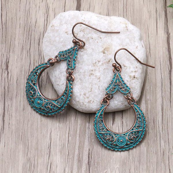 

dangle & chandelier verdigris patina green open chain water drop earring bohemian ethnic waterdrop hook women jewelry, Silver
