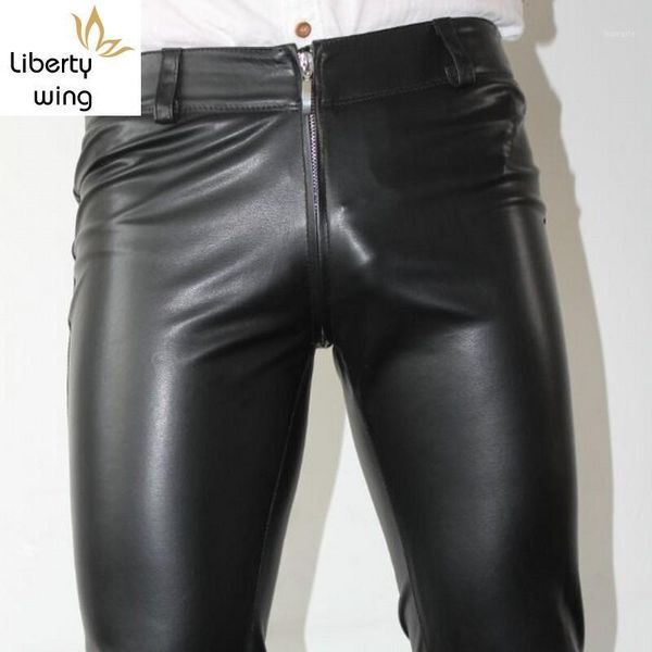 

new zipper designer mens skinny pencil pu leather stretchy man long trousers punk plus size motorcycle biker pants1, Black