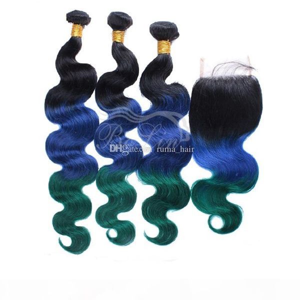 

malaysian virgin human hair weaves body wave dark root green hair with lace closure three tone 1b green blue ombre hair bundles, Black;brown
