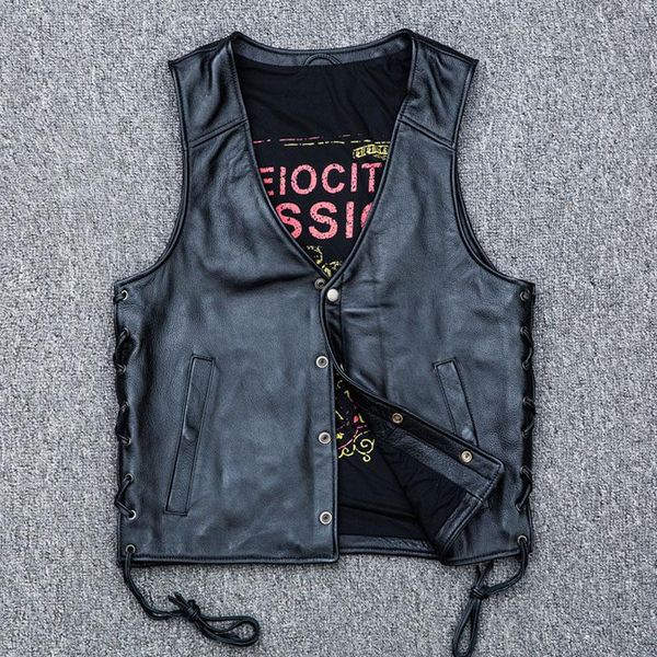 

men's leather & faux light reflective fluorescent safe motorcycle vest skull calf moto biker waistcoat sleeveless jacket asian size m18, Black