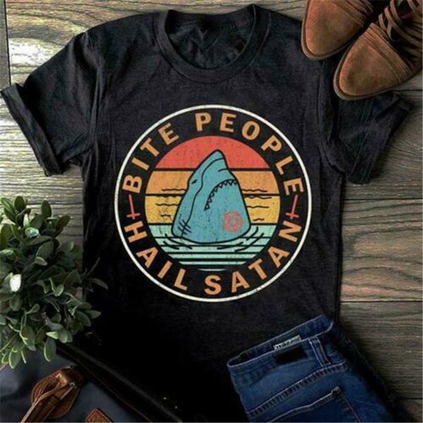 

vintage shark bite people hail satan men t-shirt black cotton s-3xl made in usa birthday gift tee shirt sport hooded sweatshirt hoodie