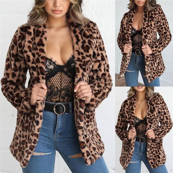 

2020 womens winter coat ladies warm faux fur coat jacket leopard fur jacketurn down collar overcoat plus size outerwear j601, Black