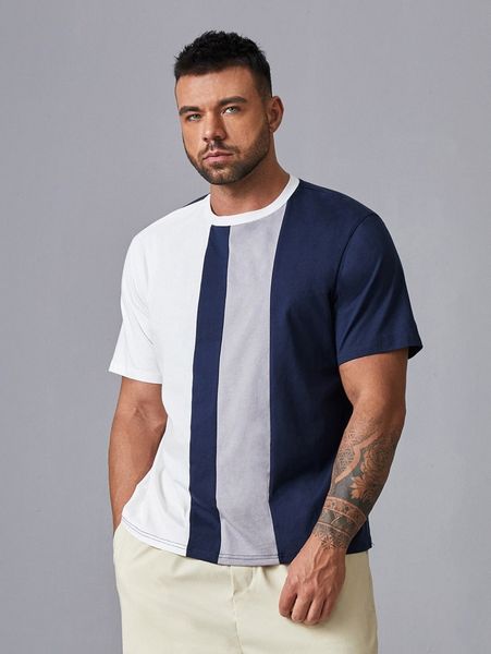 

extended sizes colorblock round neck tee s93k#, White;black