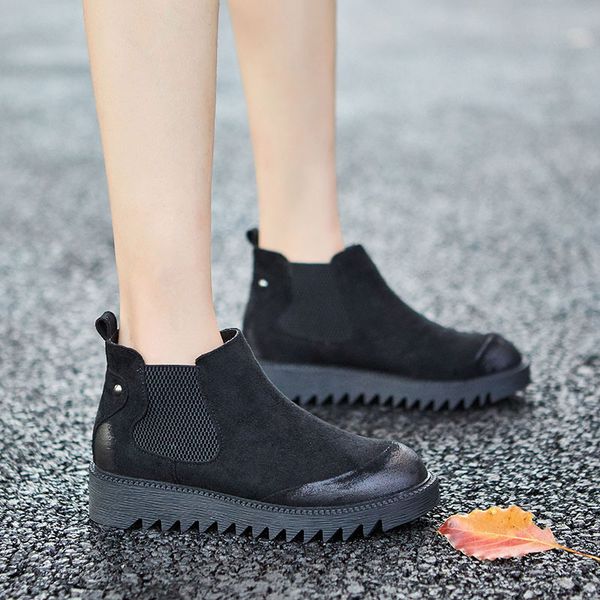 

shoes foot covering leather snow boots bottomed girl's slanted heel flat junior high school lady shoes -40, Black