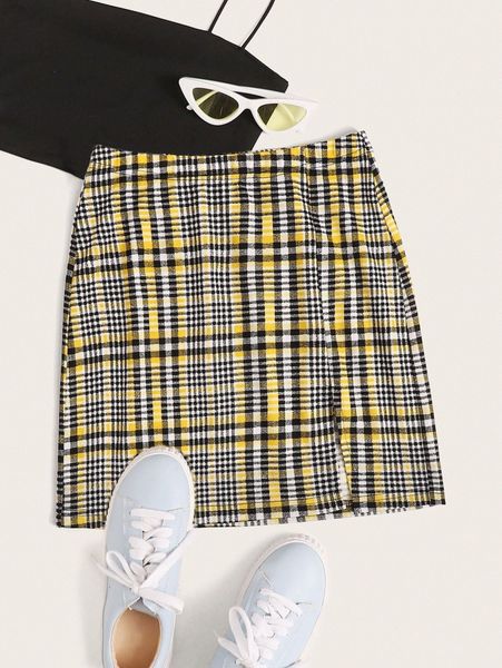 

slit hem tartan print skirt v3go#, Black