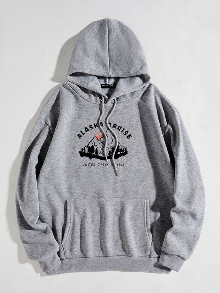 

letter & graphic drawstring hooded pocket thermal sweatshirt g2pt#, White;black