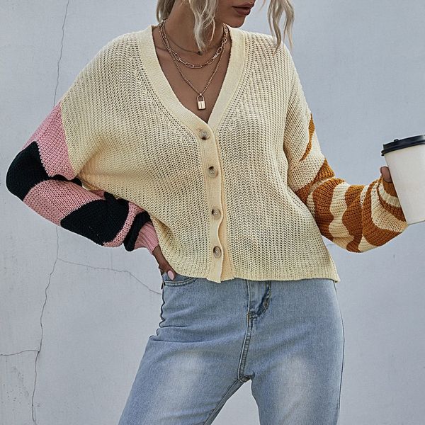 

fashion women autumn winter casual v-neck patchwork knitted button long-sleeved sweater cardigan coat pull femme outwear, White;black