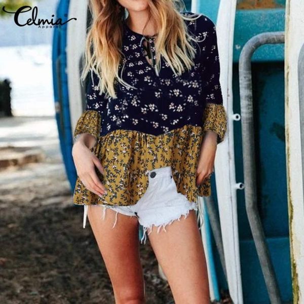 

vintage floral print women blouses 2020 celmia summer tunic 3/4 sleeve casual loose color patchwork ladies shirts plus size1, White