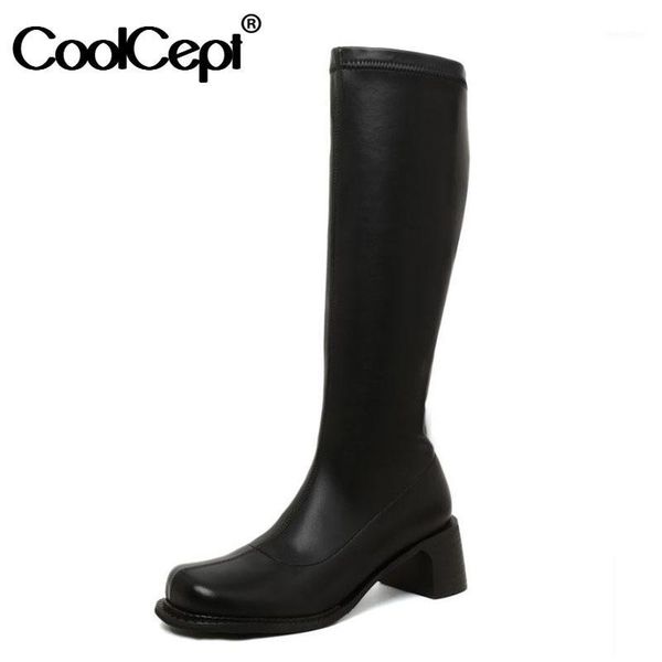 

coolcept size 33-40 real leather women knee high boots round toe zipper shoes thick high heel winter warm women party footwear1, Black