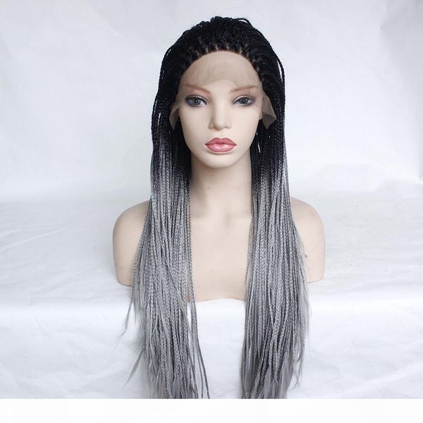 

micro braided lace front wigs dark black ombre grey colored glueless heat resistant fiber box braids synthetic lace front wig for women, Black;brown