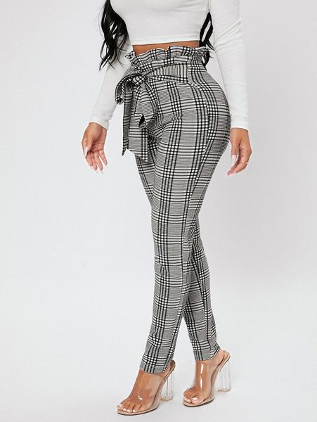 

petite plaid print paperbag waist knot front pants 95m8#, Black;white
