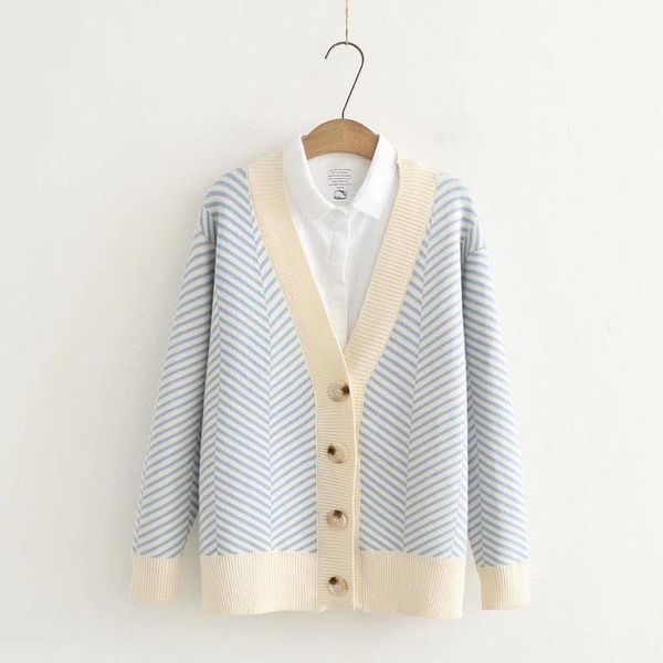 

striped v-neck single breasted cardigan sweater mori girl autumn winter lj201112, White;black