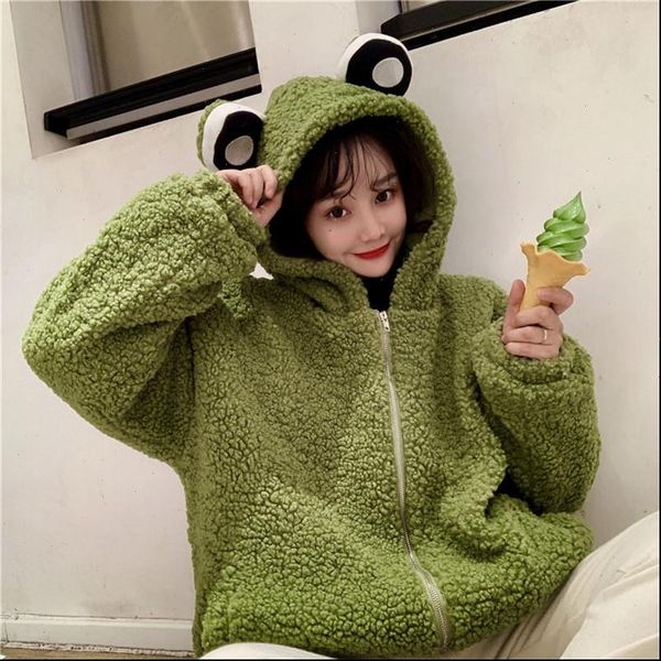 

cute women hoodie 2021 winter fructose color loose hoodies sweatshirts thick lamb wool mid length hoodies frog zipper clothes, Black