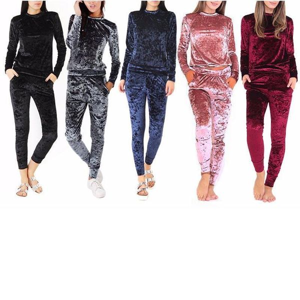 

high-quality diamond velvet leisure sports suit women's autumn winter new round neck long-sleeved +trousers two-piece suit, Gray