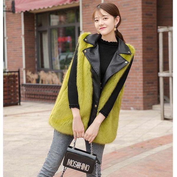 

women 2021 autumn winter new fashion faux fur coat female waist coat gilet jacket fake fur vest fluffy solid color for lady c242, Black