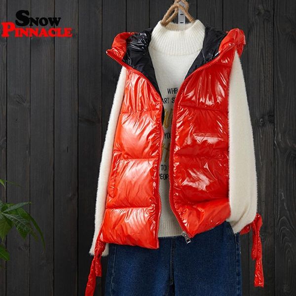 

autumn winter female vest coat casual pu shiny fabric with hood waistcoat women cotton down waterproof sleevless jacket, Black;white