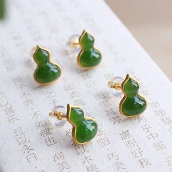

natural hetian jasper gourd earrings chinese style retro light luxury small delicate cute fairy charm silver jewelry, Golden;silver