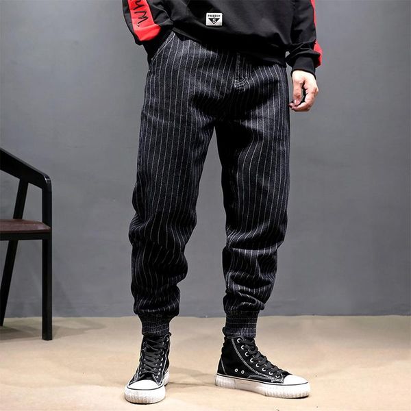 

newly vintage designer fashion men jeans loose fit casual cotton cargo pants streetweat hip hop stripe joggers harem trousers, Blue