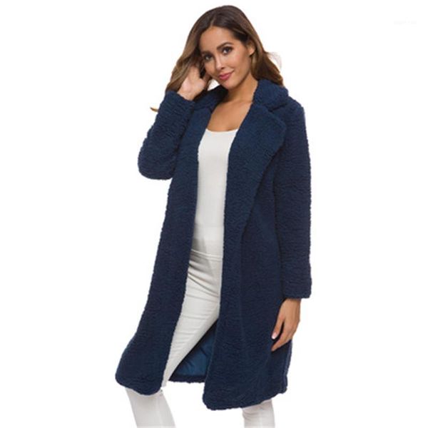 

coats winter fashion occident mid-length plush cardigan outerwear designer female solid color long sleeve coat women lamb wool, Black