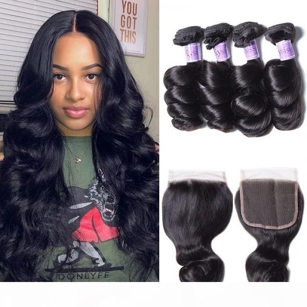 

tkwig with lace hair series brazilian loose wave virgin hair 4 bundles with closure, Black;brown