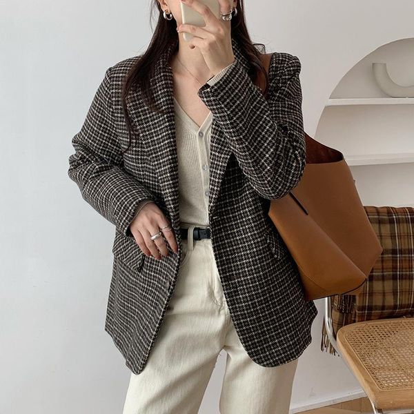 

ewq] 2021 winter female new turn down collar single breasted long-sleeved minimalist loose plaid jacket cardigan coat 8d506, Black;brown
