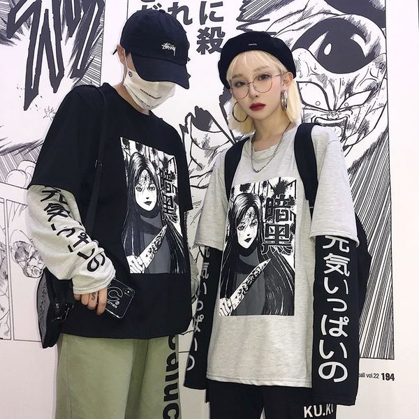 

ins same style harajuku bffeng dark cartoon japanese text printing t- stitching fake two men's and women's t-shirt sweater base sh, Black