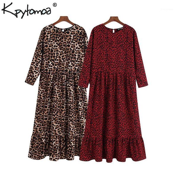 

vintage stylish leopard print ruffled midi dress women 2019 fashion o neck three quarter sleeve elegant dresses vestidos mujer1, Black;gray