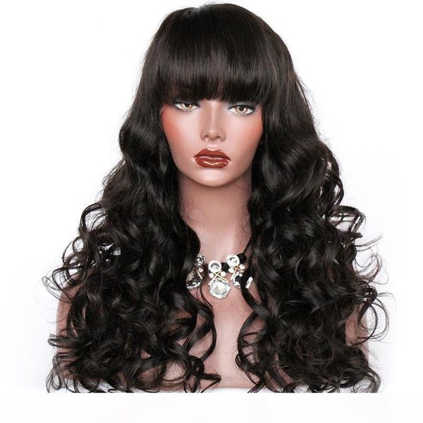 

unprocessed bangs new virgin human hair natural color big curly long full lace wig for sale, Black;brown