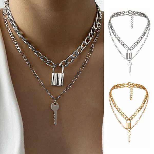 

charm link chain choker necklace punk multilayer padlock key long pendant necklace for women gold color collar jewlery, Silver
