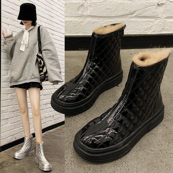 

meotina cow patent leather real wool platform mid heels ankle boots motorcycle boots women shoes thick heels lace up short1, Black