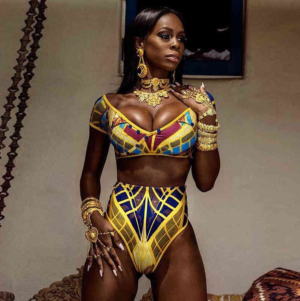 

summer women african printed bikini set swimwear push-up padded high waist swimsuit beachwear bathing suit maillot de bain p4, White;black