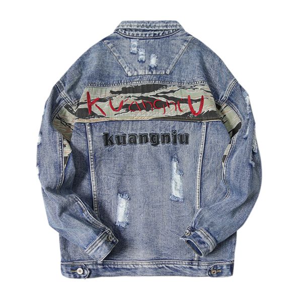 

2021 new newly designer fashion camouflage spliced ripped denim jackets men cotton coats streetwear hip hop chaqueta k0gj, Black;brown