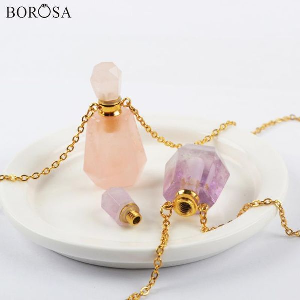

gold natural gems stone perfume bottle pendant amethysts pink quartz essential oil diffuser necklace 26inch gold women necklace1, Silver