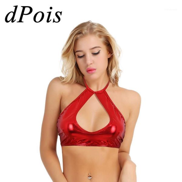 

women bra female halter strappy exposing cleavage crop vest shiny leather bralette bikini underwear lingerie1, Red;black