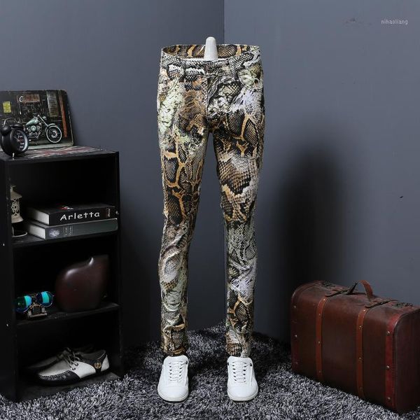 

men's jeans thin section snake grain printing male coloured drawing or pattern nightclub personality trousers flower pants1, Blue