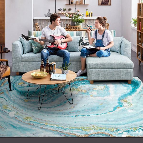 

nordic abstract watercolor blue sea water pattern gold and white bedroom living room floor mat carpet customization