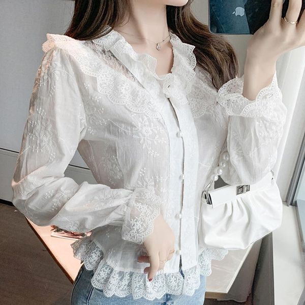 

new sweet high waist short white shirt v-neck long sleeve lace fashion women crochet hollow out blouse