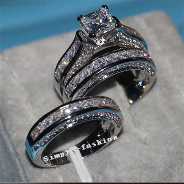 

factoryted1diamond vecalon 20ct fine jewelry cz princess cut engagement wedding band set for women 14kt white gold filled finger ri, Slivery;golden