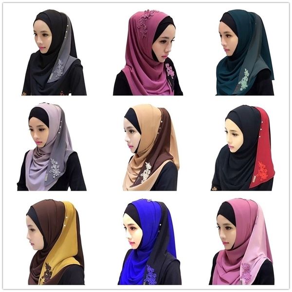 

chiffon fashion patchwork convenient muslim lace floral embroidery islamic hijab warp headwear y201007, Blue;gray