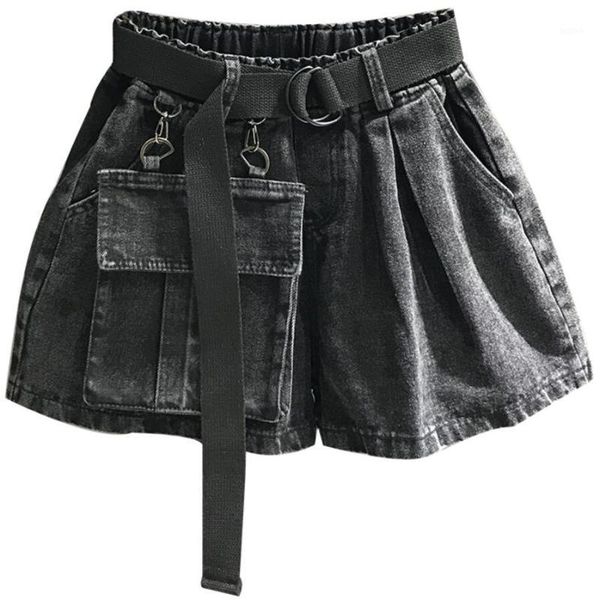 

autumn new fashion elastic high waist large pocket denim shorts women loose wide leg jeans shorts1, White;black