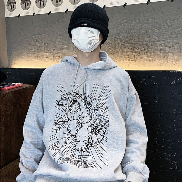 

2021 spring women harajuku dinosaur print retro cartoon comic hoodies loose hooded plus fleece pullover 2qzn, Black