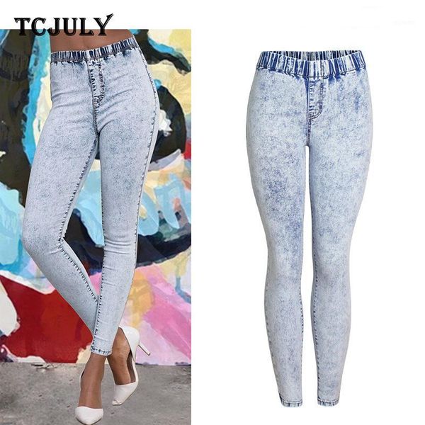 

tcjuly new design snow wash plus size women jeans elastic waist skinny push up denim pencil pants streetwear slim stretchy jeans1, Blue