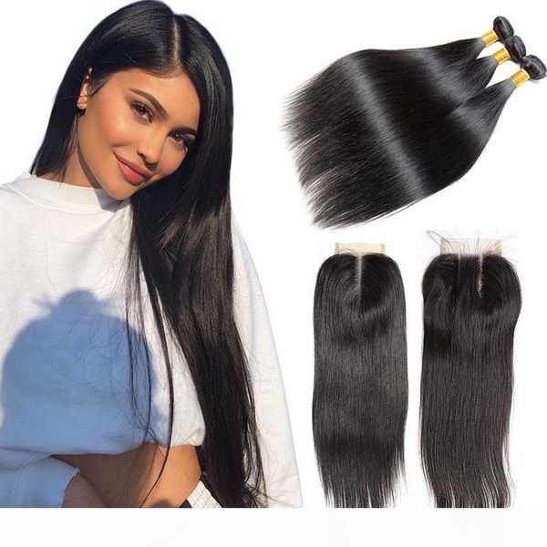 

straight remy human hair 3 bundles with lace closure natural black unprocessed 7a human hair weave natural color 1b can be dyed, Black;brown