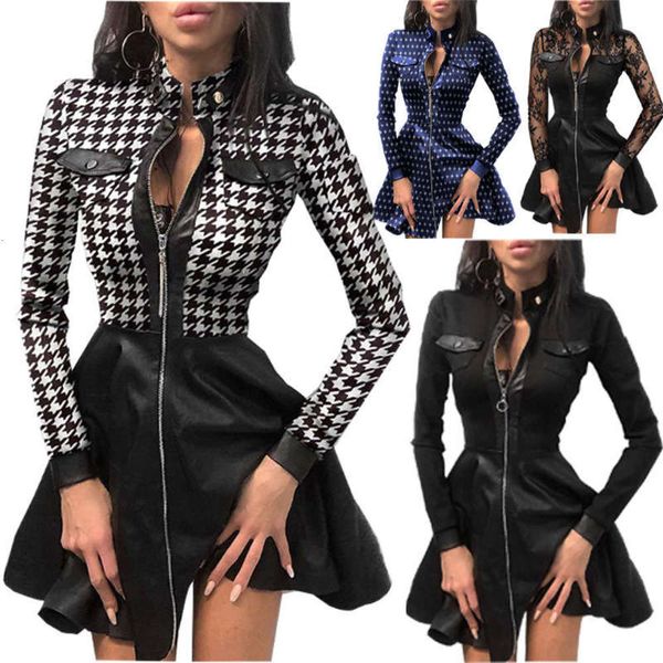 

pocket 2020 zipper chiffon pu printed dress 2102, Black;gray