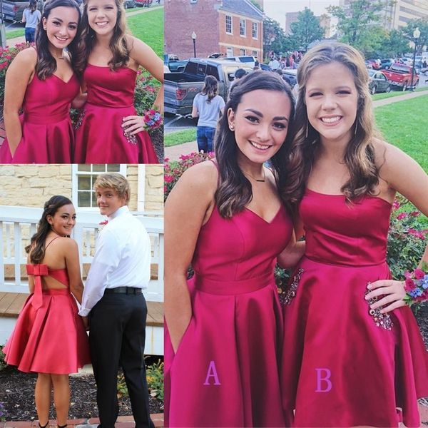 

red short bridesmaid dresses satin spaghetti straps strapless 2021 hollow back bow above knee length custom plus size maid of honor gown, White;pink