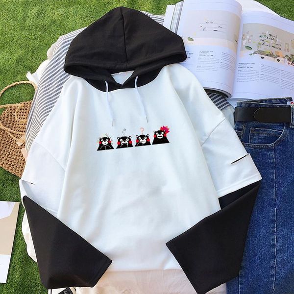 

women casual hoodies kpop harajuku kawaii kumamon bear printed sweatshirt contrast color clothes sudadera mujer hoodie1, Black